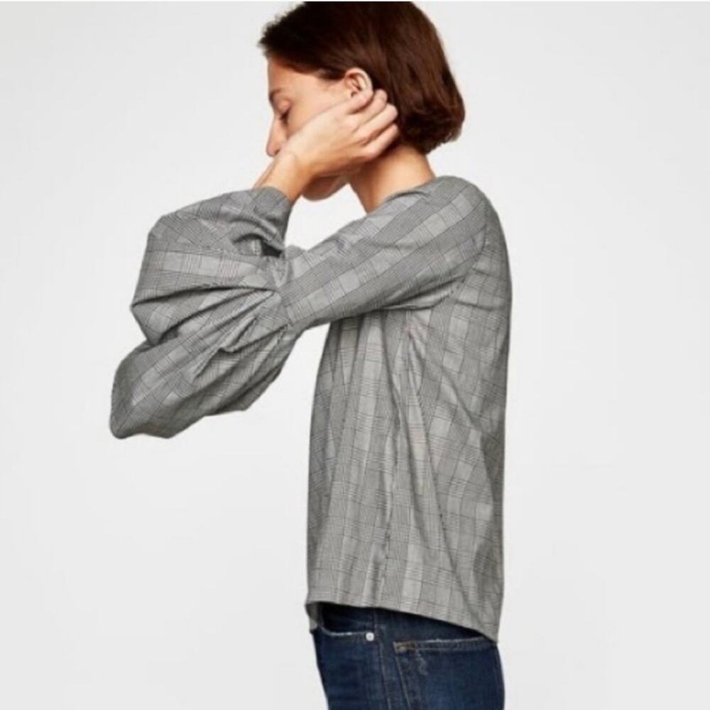 ZARA WOMAN Plaid Bell Sleeve Black and White Cotton Blend Top Size M - Picture 6 of 13